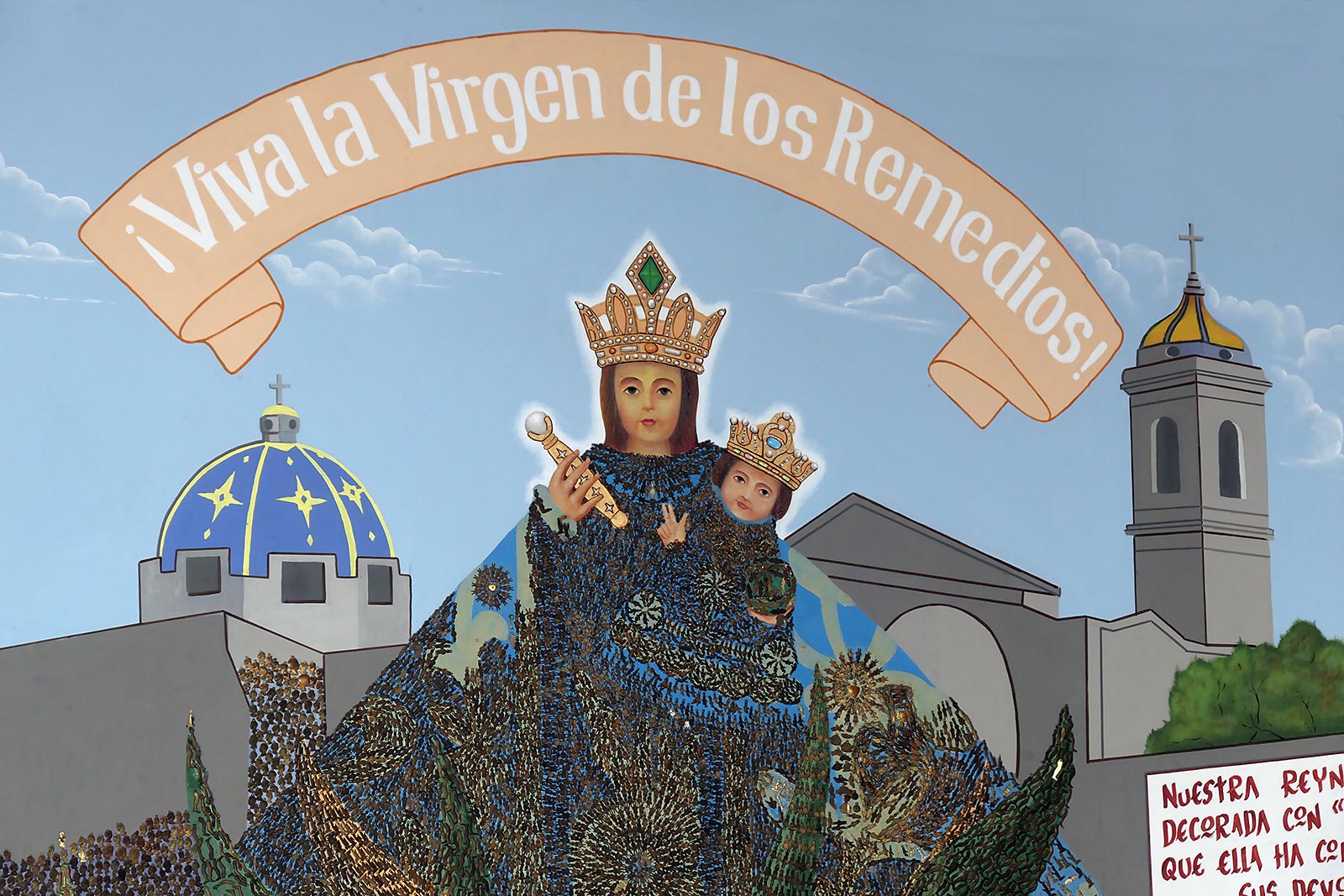 Målning av Basilica de los Remedios och Maria med Jesusbarnet
