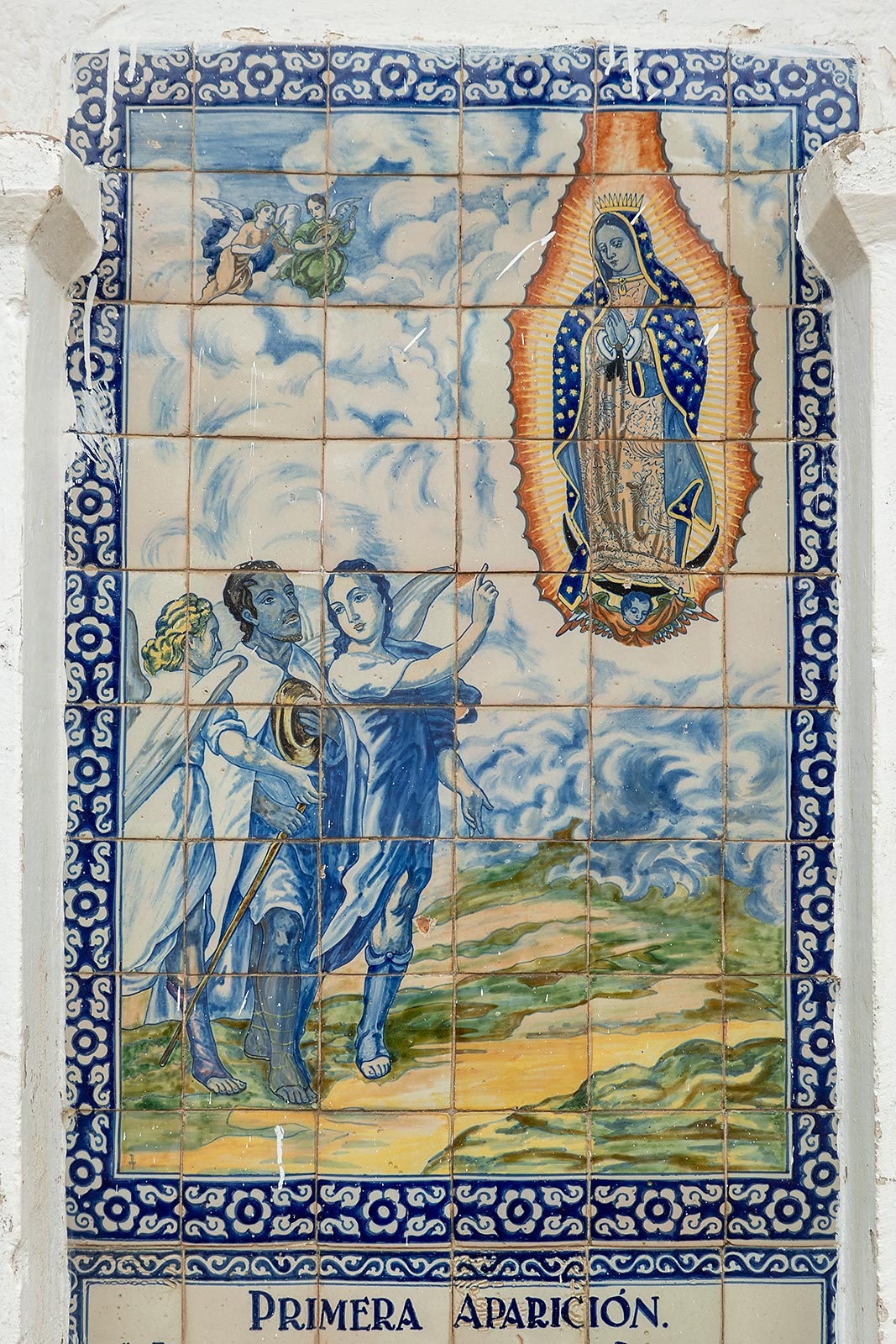 Bild målad på brickor av Jungfru Marias första uppenbarelse till Juan Diego, Santuario del Señor del Sacromonte Amecameca
