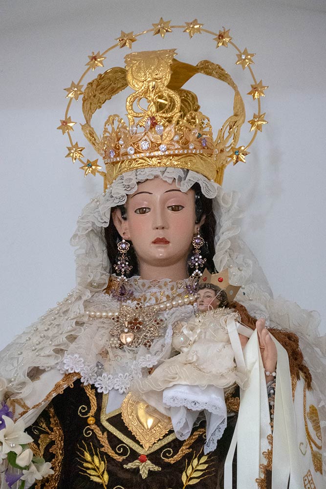 Statue of Mary on altar, Cathedral on top of Templo del Sol y la Luna, Vilcas Huaman