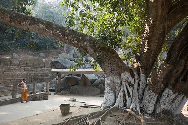 Gesneden rotsblokken met hindoeïstische afbeeldingen (onder de overdekte structuur tussen hindoeïstische priester en boom) in Surya Pahar, Assam