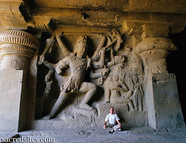 Shiva slaying the demon Andhakasura, who had lusted after his wife Parvati. Ellora, India 