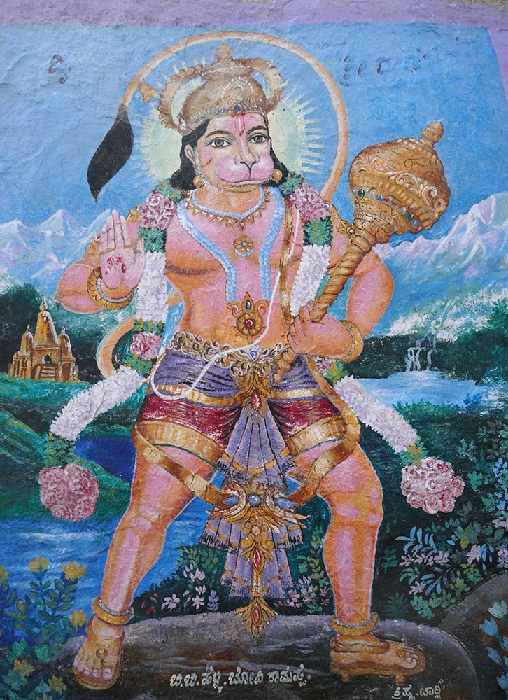 Schilderij van Hanuman bij de Sita-tempel op de heuveltop boven Ramalingeshwara, Avani-gebied