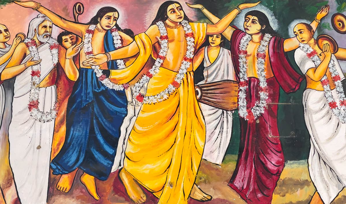 Gemälde von Chaitanya, das mit anderen Krishna-Anhängern tanzt, Khirachora-Gopinatha-Tempel, Balasore