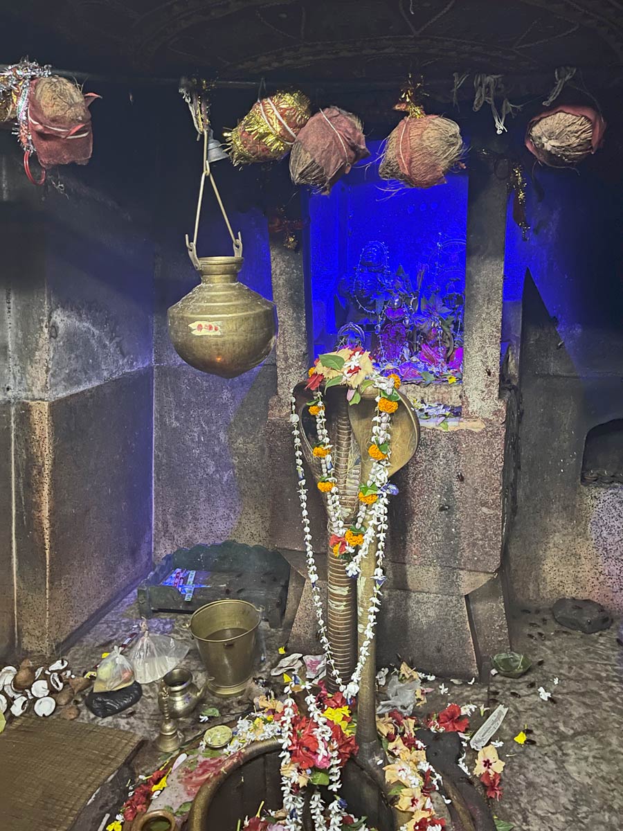 Shiva Lingam and ceremonial objects inside Huma Leaning Temple, Huma