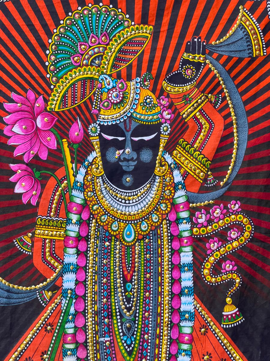 Schilderij van Krishna, verkocht op de markt buiten de tempel, Shrinathji-tempel, Nathdwara