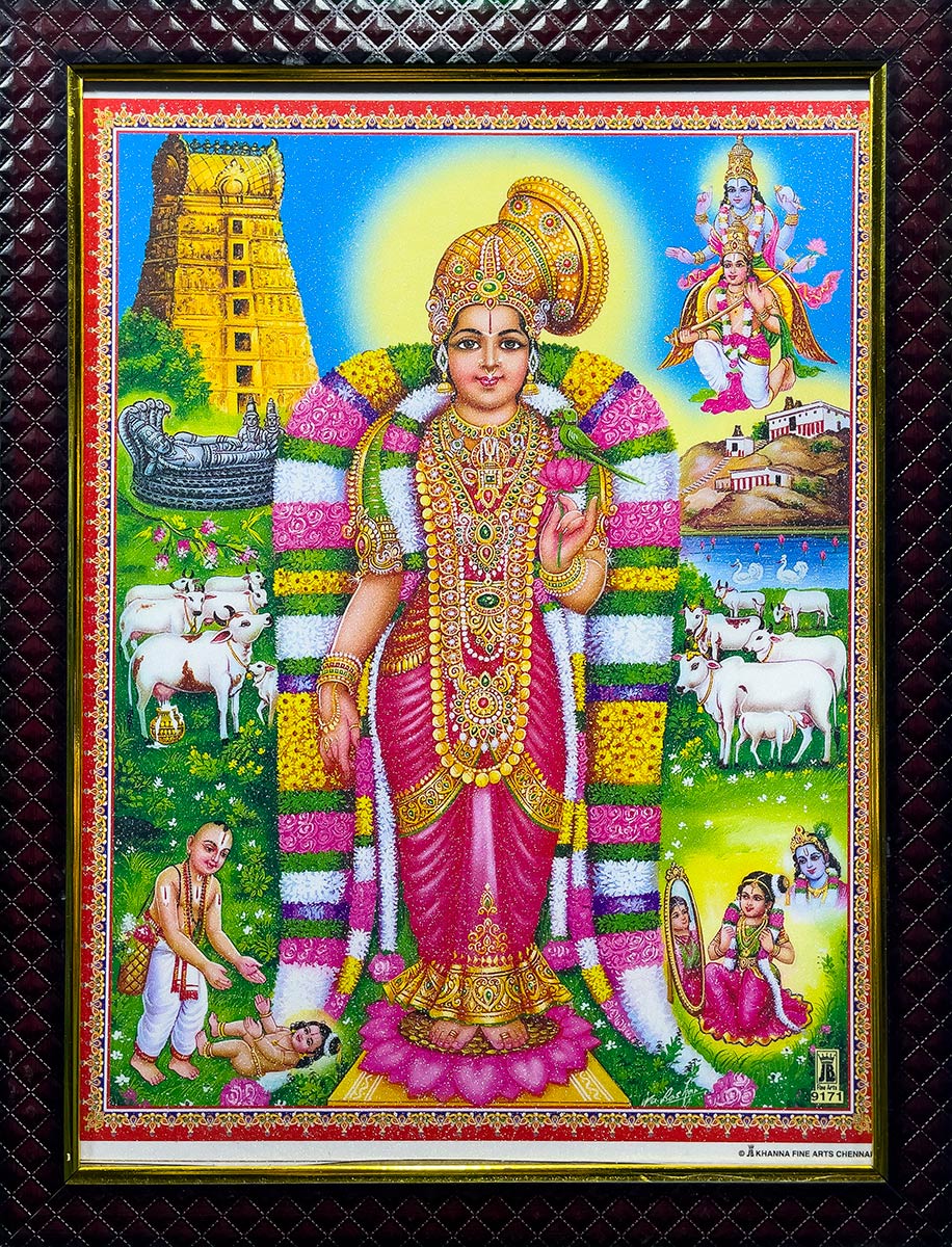 Arulmigu Andal Vishnu Tempel, Srivilliputtur. Gerahmtes Gemälde des Tempels und Lakshmi, Gemahlin von Vishnu.