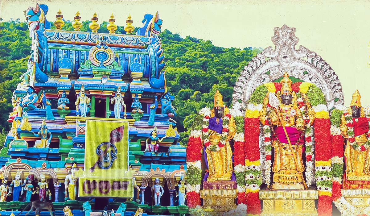 Pazhamudhircholai Muruga Temple, Alagar Koil Road. Photograph of temple and statue of Muruga.