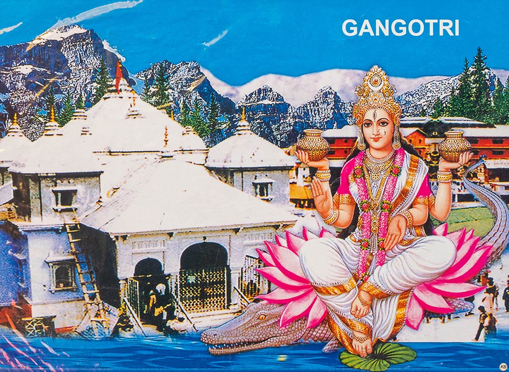 Plakat des Gangotri-Tempels und der Ganga Mata, Uttarakhand