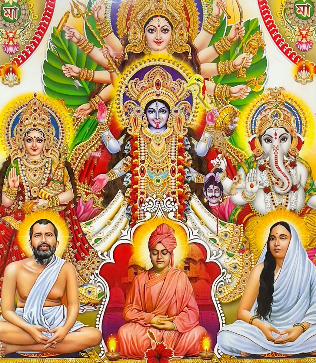 Cartaz mostrando a Deusa Tara com Ganesh, Sri Ramakrishna, Vivekananda e Sarada Devi, Templo Ma Tara, Tarapeeth