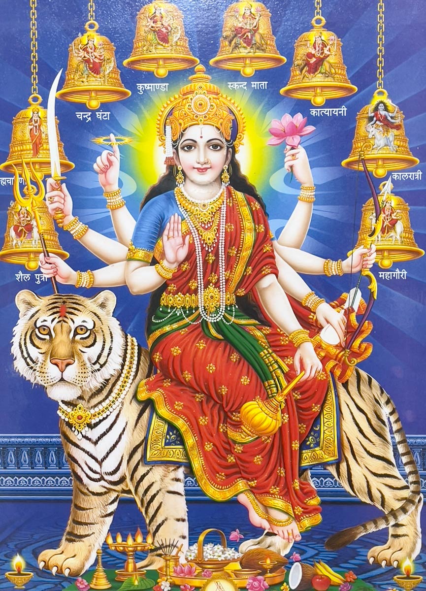 Schilderij van Durga met tijger, Ma Tara-tempel, Tarapeeth