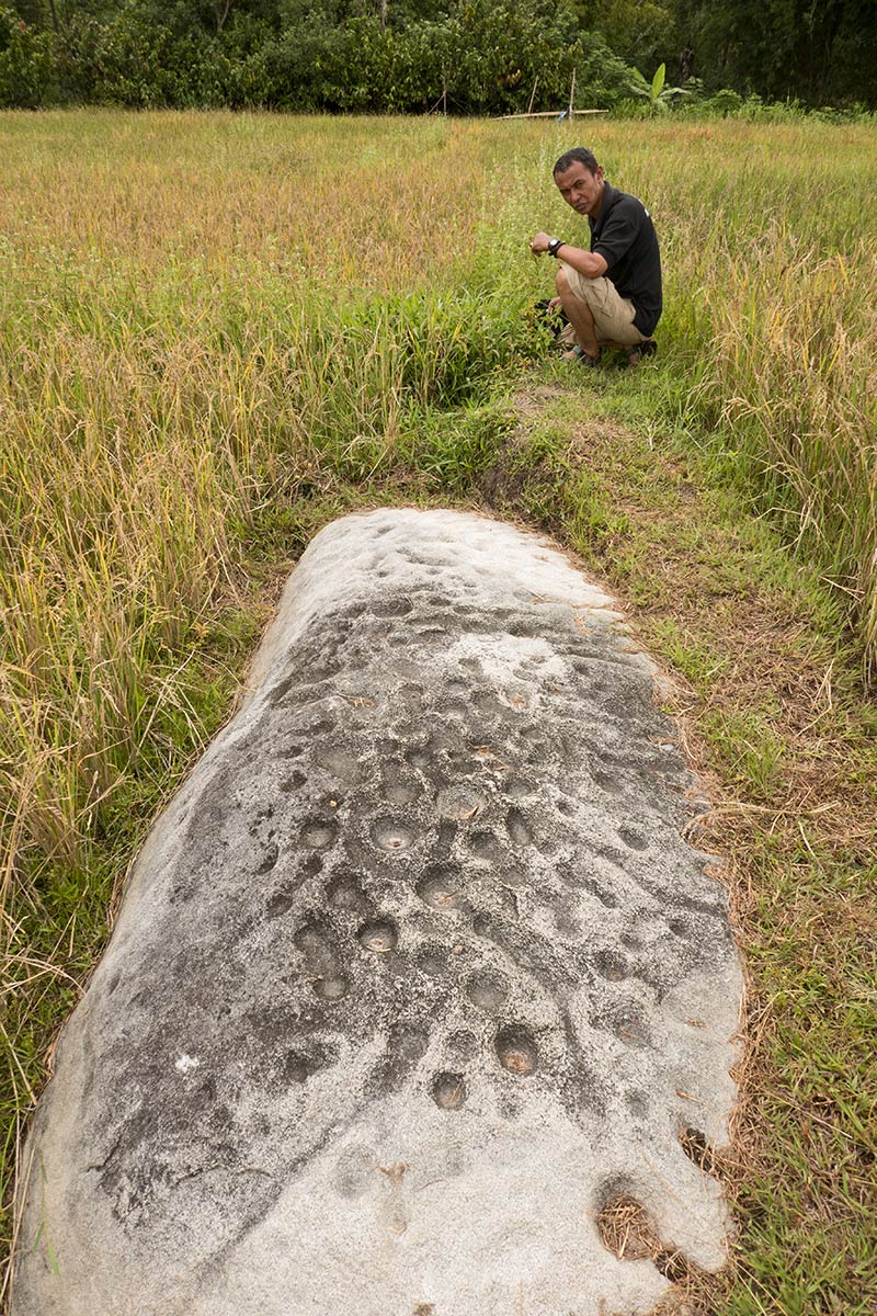 Dakon monolith with cup and line marks, with archaeologist Iksam Djorimi, near Lengkeka village, Bada Valley