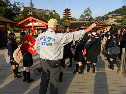 Itsukushima Temple, Tour Guide with School Girls, Miyajima-Island