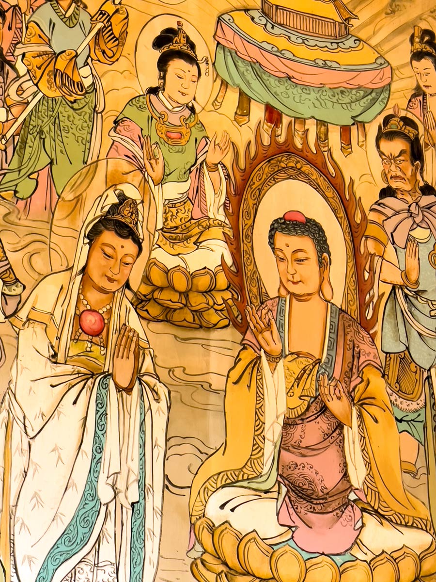 Longshan-tempel, Taipei (schilderij van Boeddha en discipelen)