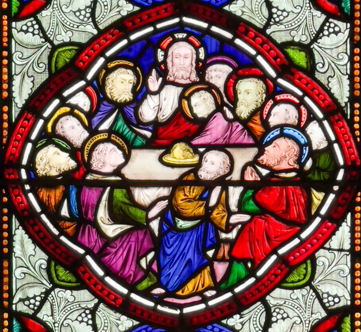 Hereford Cathedral, stained glass of Christ with disciples at last supper