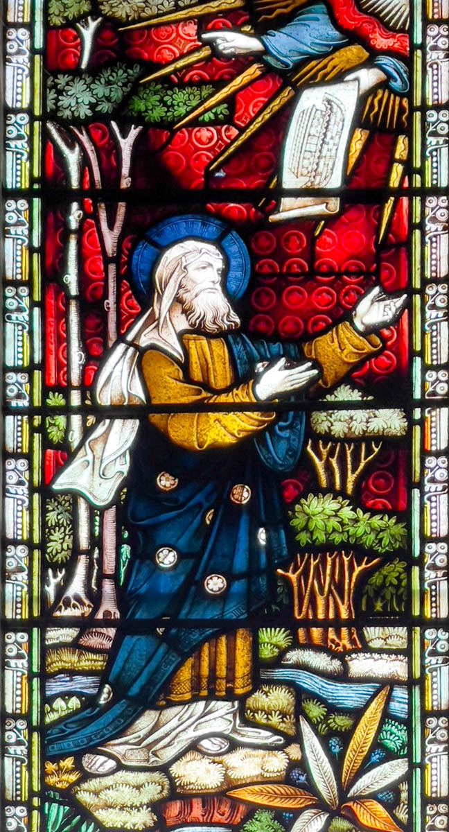 Cattedrale di Worcester della Beata Maria, vetro colorato di Noè che riceve istruzioni sulla costruzione dell'Arca, Genesi 6: 13-22