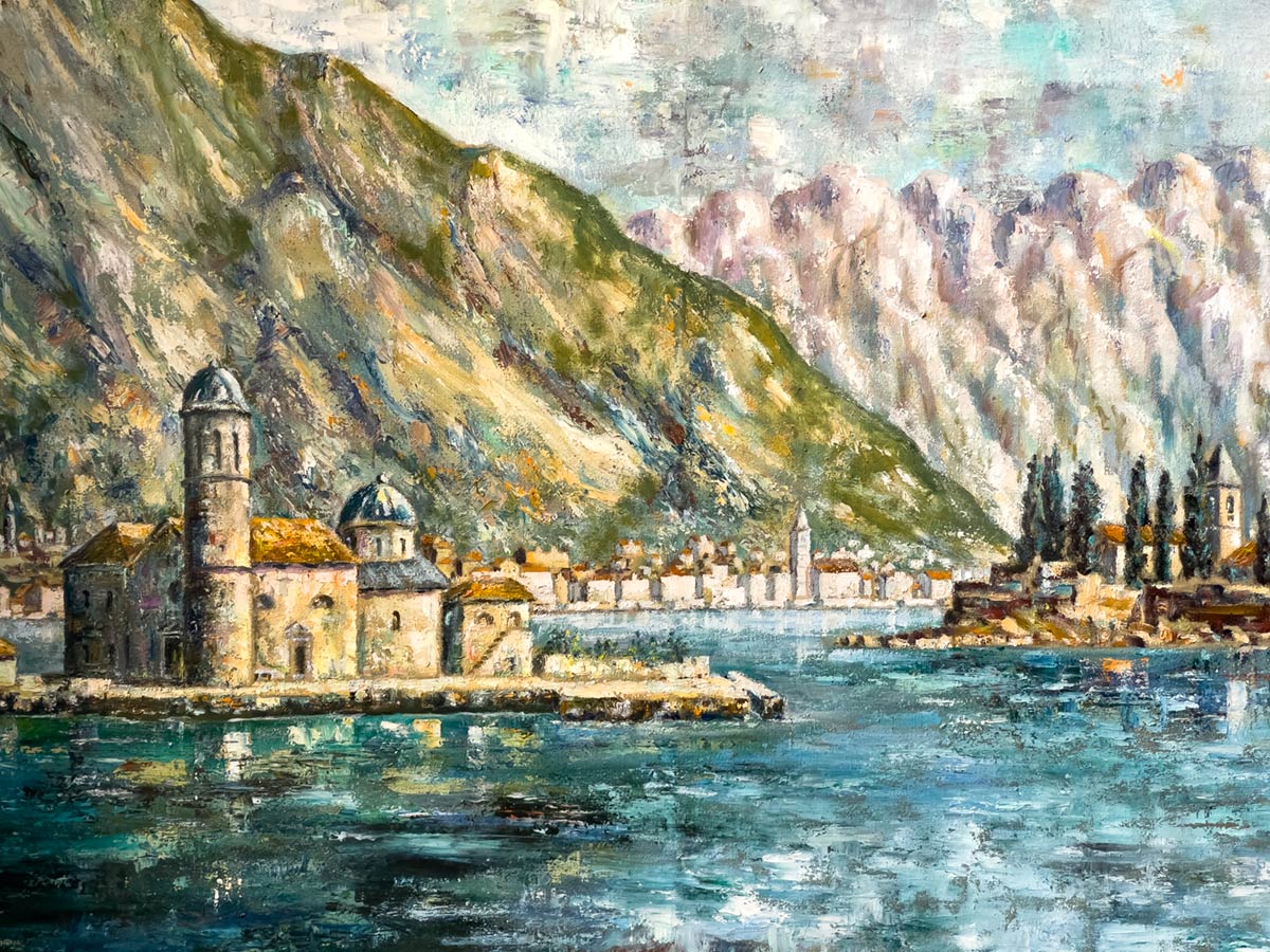 Богоматерь на скалах, Пераст, картина с изображением озера и церкви