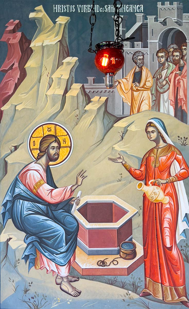 Sambata Brancoveanu Monastery, Church mural of Jesus and the Samaritan woman at the well, John 4