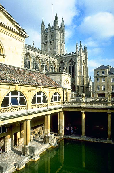 The hot springs of the Roman temple of Aquae Sulis and the Abbey of Bath, England
