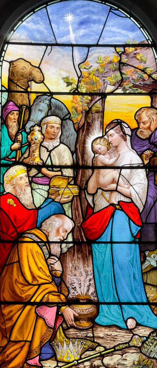 St Mary’s Church, Dolgellau, stained glass window of Mary and baby Jesus with three Magi