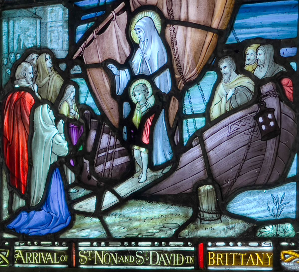 Glasfenster mit der Ankunft von St. Non und St. David in der Bretagne, St. Non's Chapel, St David's