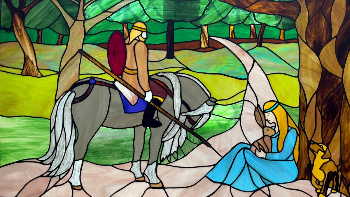 نافذة زجاجية ملونة للقديس ميلانجيل ، والأمير بروشويل والأرنب ، وكنيسة القديس ميلينجيل
