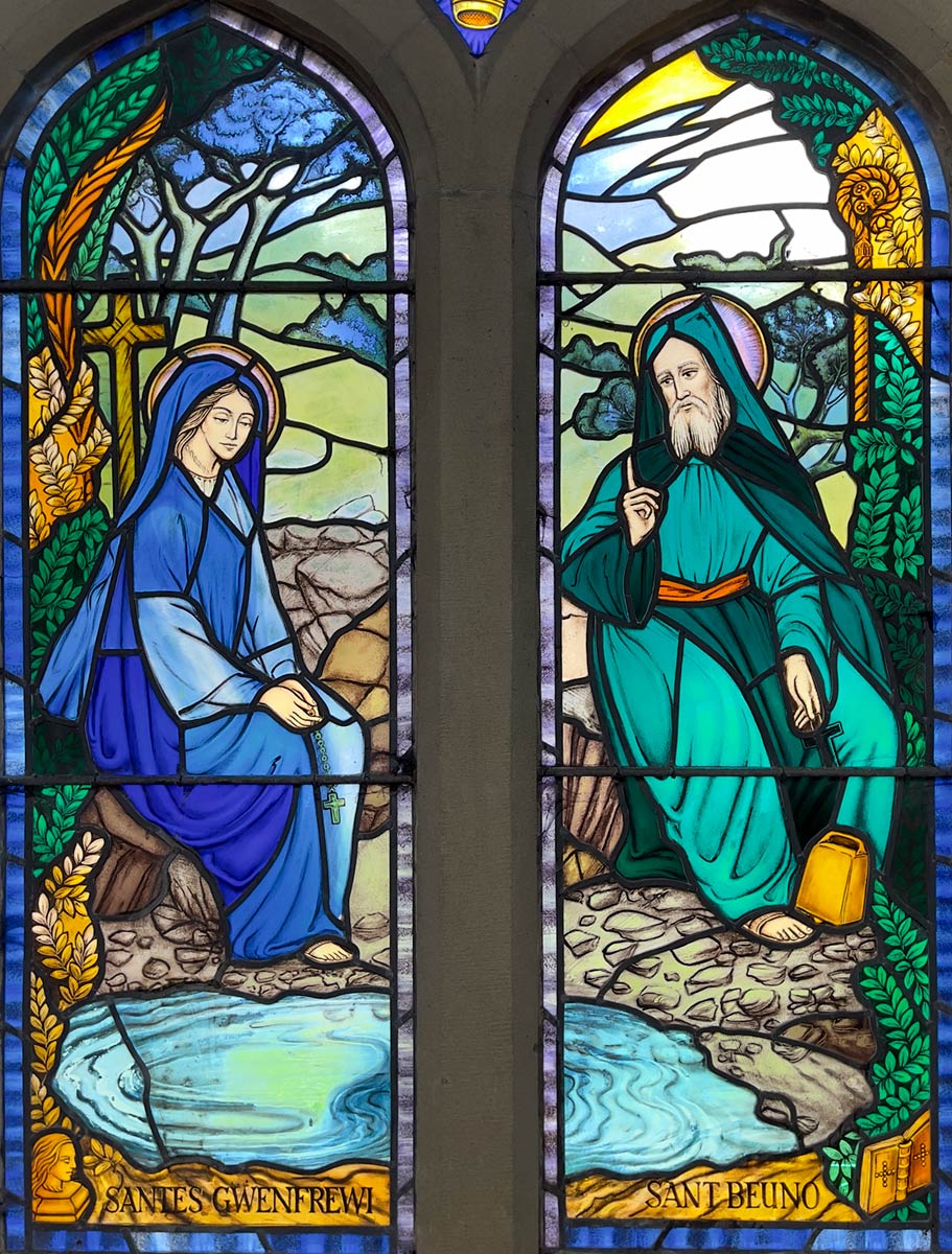 Stained glass window of Saint Winefride and Saint Beuno, St Winefride’s Chapel, Holywell