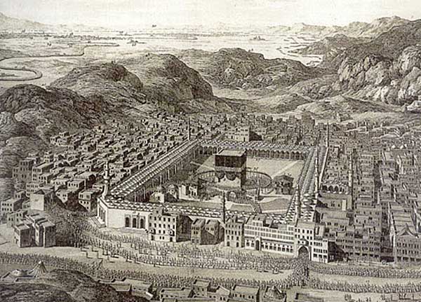 The Hajj pilgrimage to the Ka'ba in antiquity.  At the bottom of the drawing notice the line of pilgrims entering the front of the Great Mosque. In the upper left corner of the drawing that line may be seen extending for many miles into the distance.