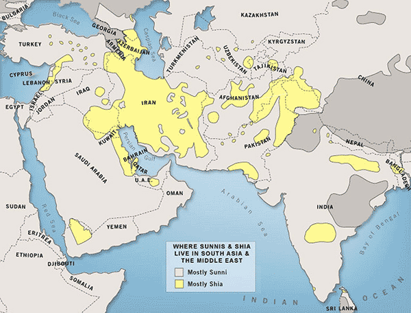 Распространение суннитов и шиитов на Ближнем Востоке